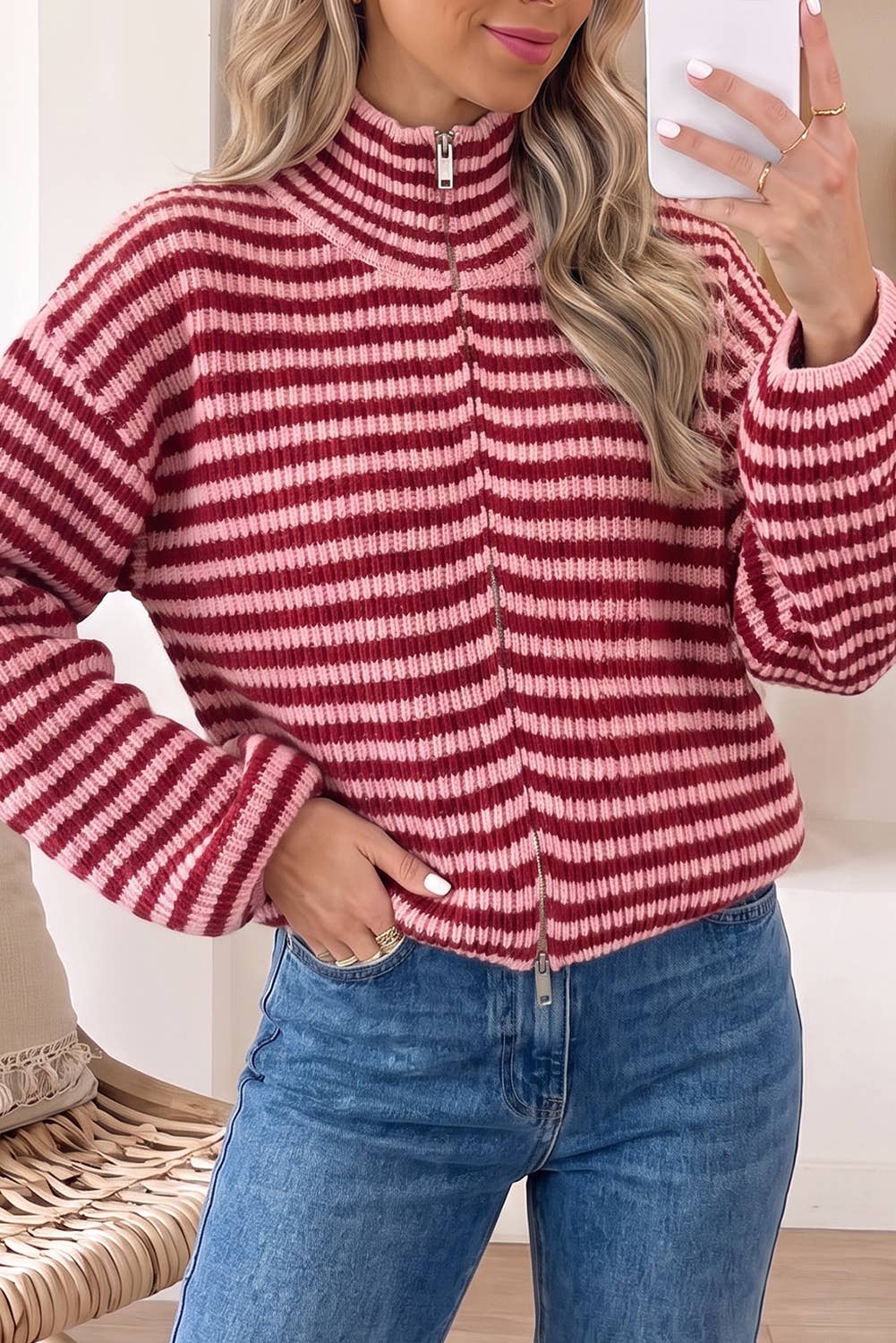 Striped Mock Zip Up Cardi