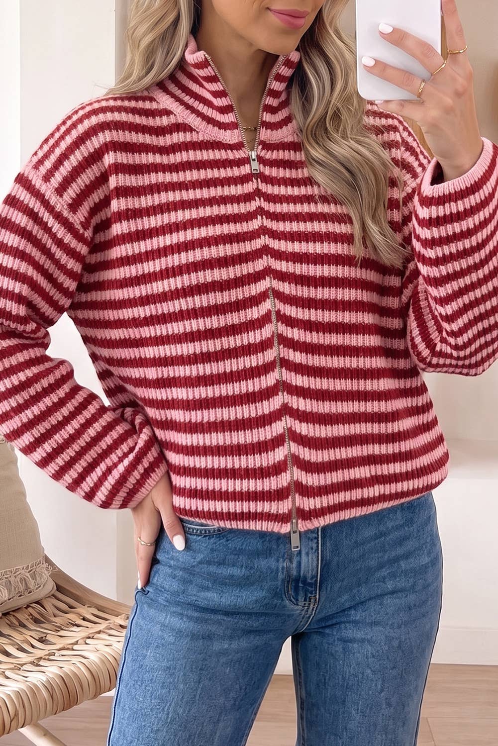 Striped Mock Zip Up Cardi