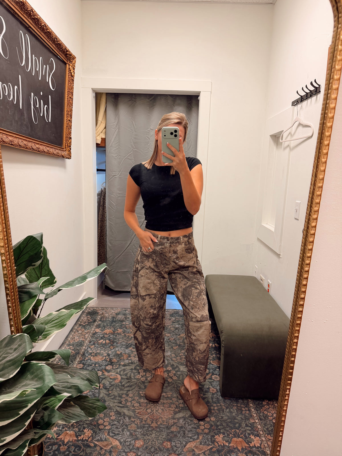 Vintage Washed Camo Leaf Print Barrel Pants